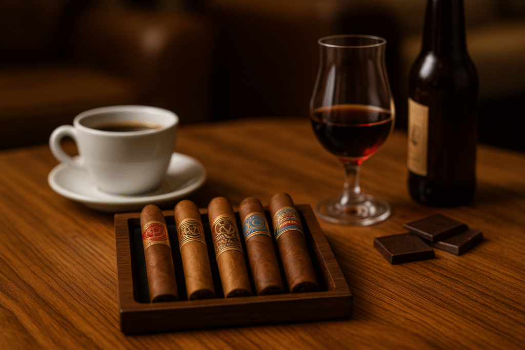 urated cigar samplers with coffee and port, portable travel humidor, and premium cigar accessories including sleek cutters and lighters; cigar lounges stock recommendations