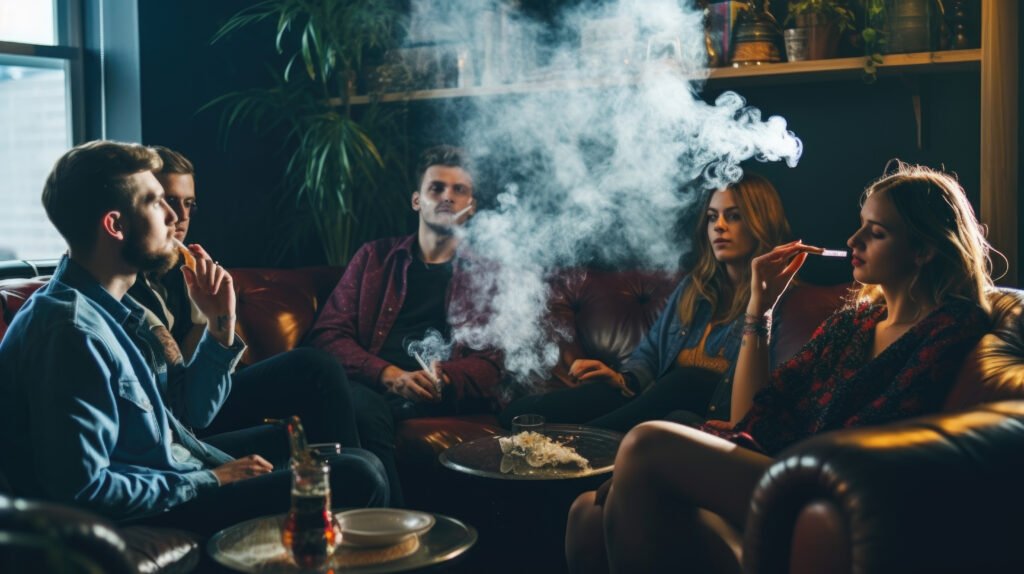 Modern cigar lounge with Millennials and Gen Z enjoying cigars, coffee pairings, and relaxed seating; cigar culture in 2025.