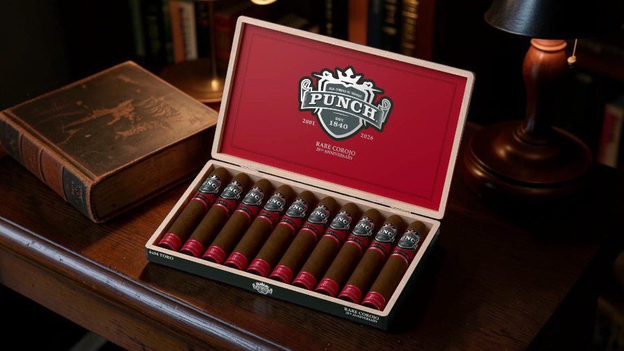 Punch Rare Corojo 25th Anniversary cigar showcasing its distinct rich reddish wrapper leaf